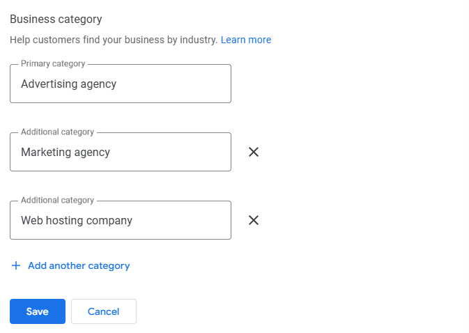 Google Business Profile category selection screen showing Advertising agency as the primary category, with additional categories Marketing agency and Web hosting company added to help customers find the business by industry.