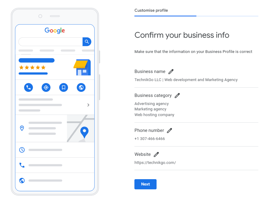 Google Business Profile setup screen asking to confirm business information for TechnikGo LLC. The page shows the business name, categories (advertising agency, marketing agency, web hosting company), phone number, and website, with edit icons next to each field and a Next button at the bottom.