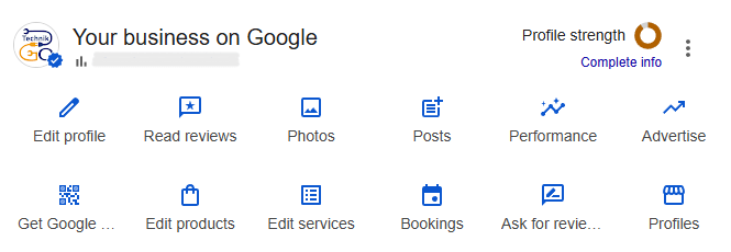 Google Business Profile dashboard showing business management options like edit profile, reviews, photos, posts, performance, and profile strength.