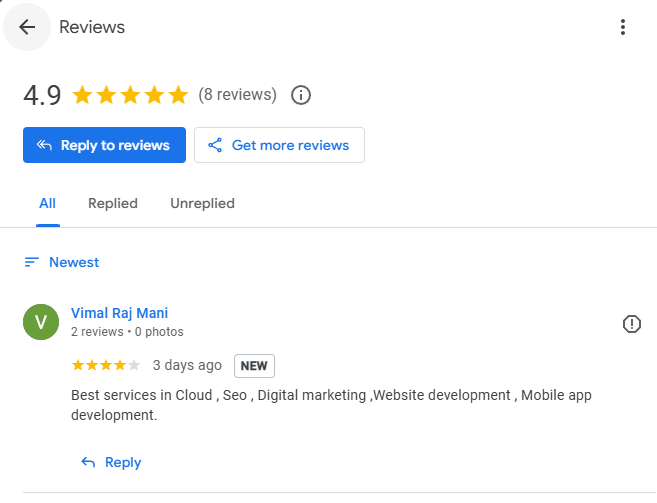 Google Business Profile reviews page for TechnikGo LLC showing a 4.9 star rating from 8 reviews. A recent review by Vimal Raj Mani posted 3 days ago praises cloud services, SEO, digital marketing, website development, and mobile app development. Options to reply to reviews and get more reviews are visible at the top.