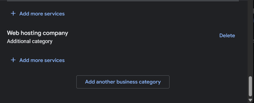 Business category settings in Google Business Profile displaying web hosting company as an additional category
