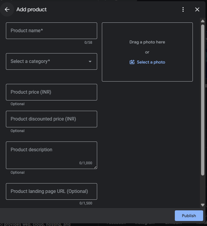 Add product form in Google Business Profile showing product name, category, price, description, and landing page URL fields