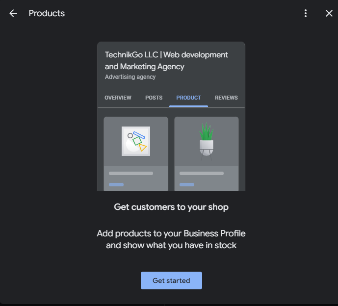 Google Business Profile products section for TechnikGo LLC web development and marketing agency showing service listings