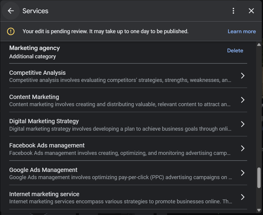 Google Business Profile services section showing marketing agency category with digital marketing, Google Ads, Facebook Ads, and content marketing services pending review