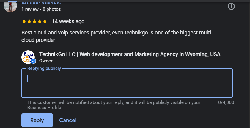 5 star Google review praising TechnikGo LLC for cloud, web development, and digital marketing services