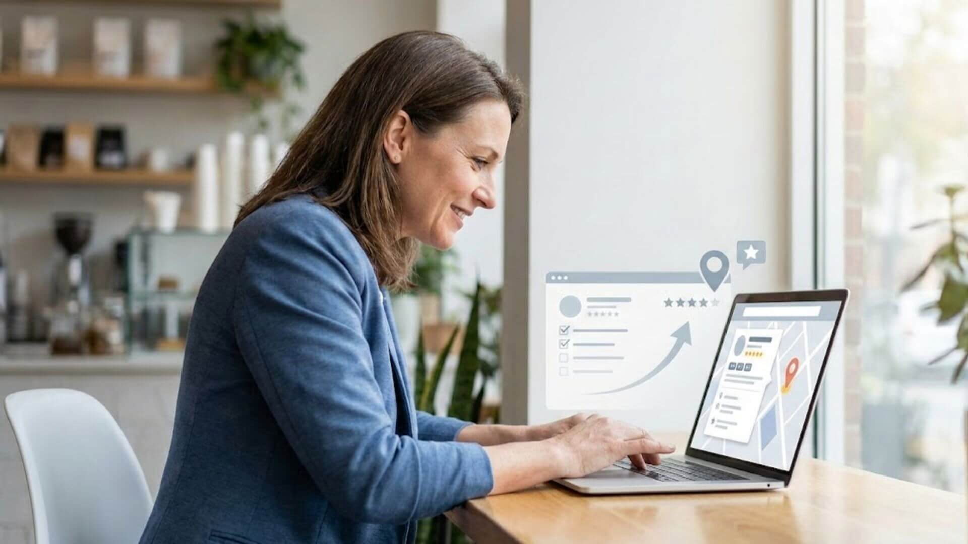 Local business owner reviewing Google Maps business listing with reviews and location details on a laptop