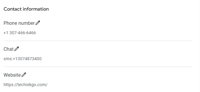 Google Business Profile contact information section displaying a business phone number, chat contact via SMS, and the official website URL for customer communication.