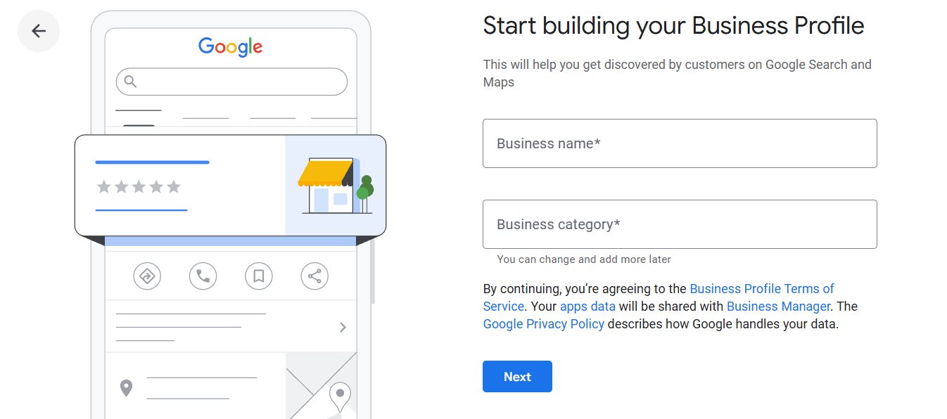 Google Business Profile setup screen showing the start of business registration with fields for business name and business category, helping businesses create a profile to appear on Google Search and Maps.