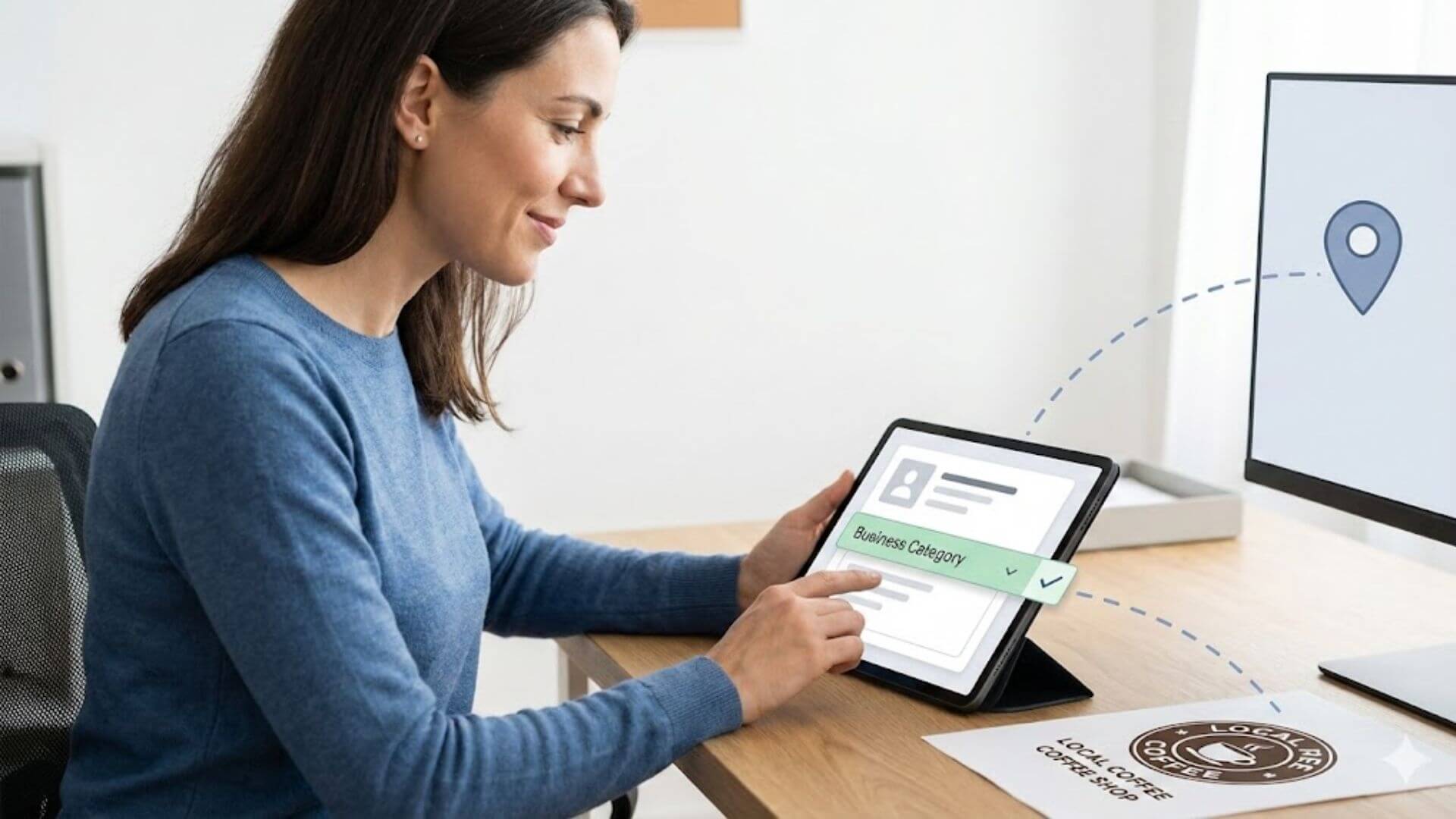 Business owner reviewing and selecting a Google Business category on a laptop inside a local workspace