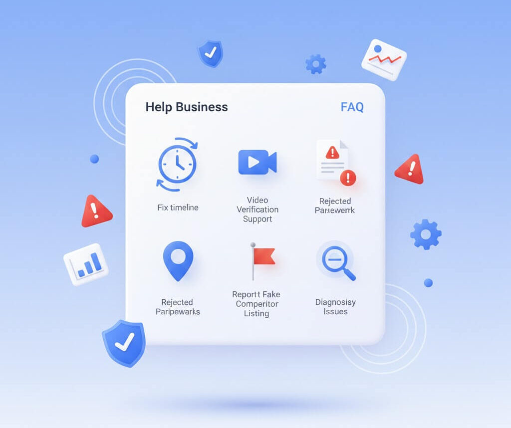 Help section illustration showing Google Business Profile support tasks such as fixing verification timelines, handling rejected paperwork, reporting fake competitors, and diagnosing listing issues