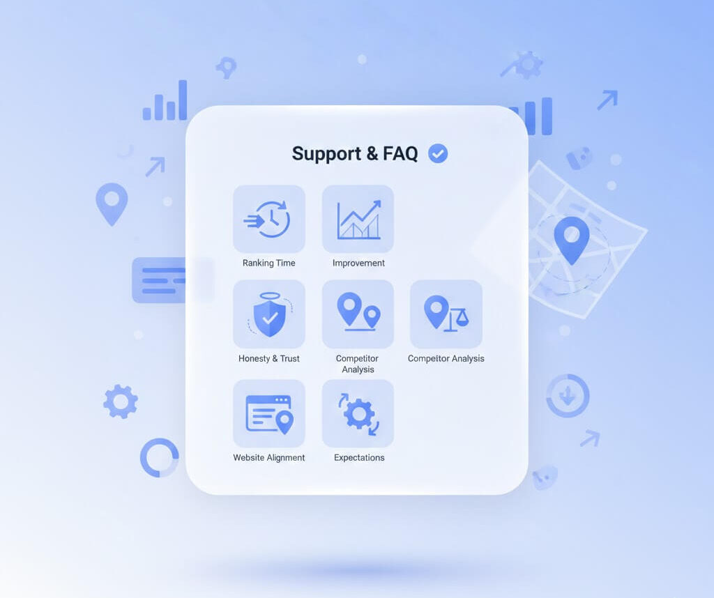 Illustration of a Support and FAQ dashboard with icons for ranking time, business improvement, honesty and trust, competitor analysis, website alignment, and clear expectations, representing guidance and transparency in Google Business Profile and local SEO management