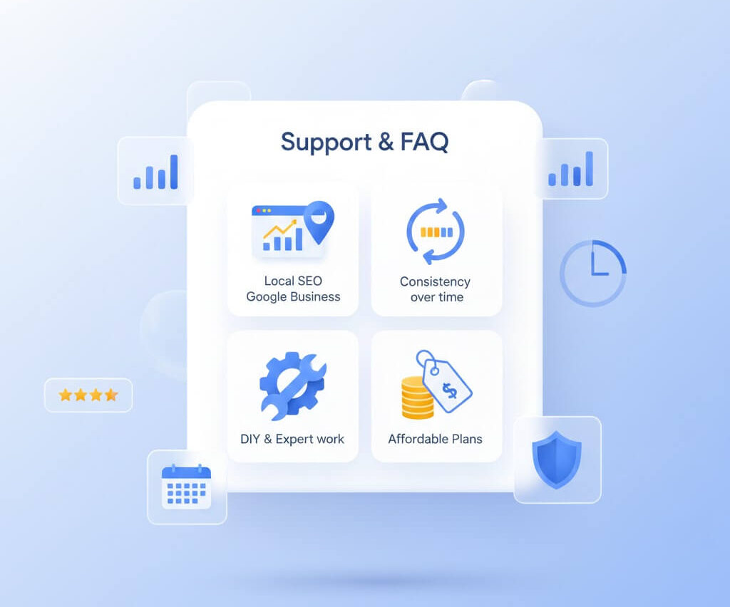 Support and FAQ section graphic showing Google Business Profile and local SEO help, consistent optimization over time, expert support options, and affordable service plans