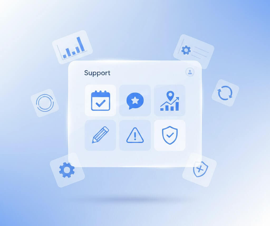 Illustration showing Google Business Profile support features, including timeline tracking, reviews and feedback, local growth insights, profile edits, warning resolution, and secure compliance management icons around a support dashboard