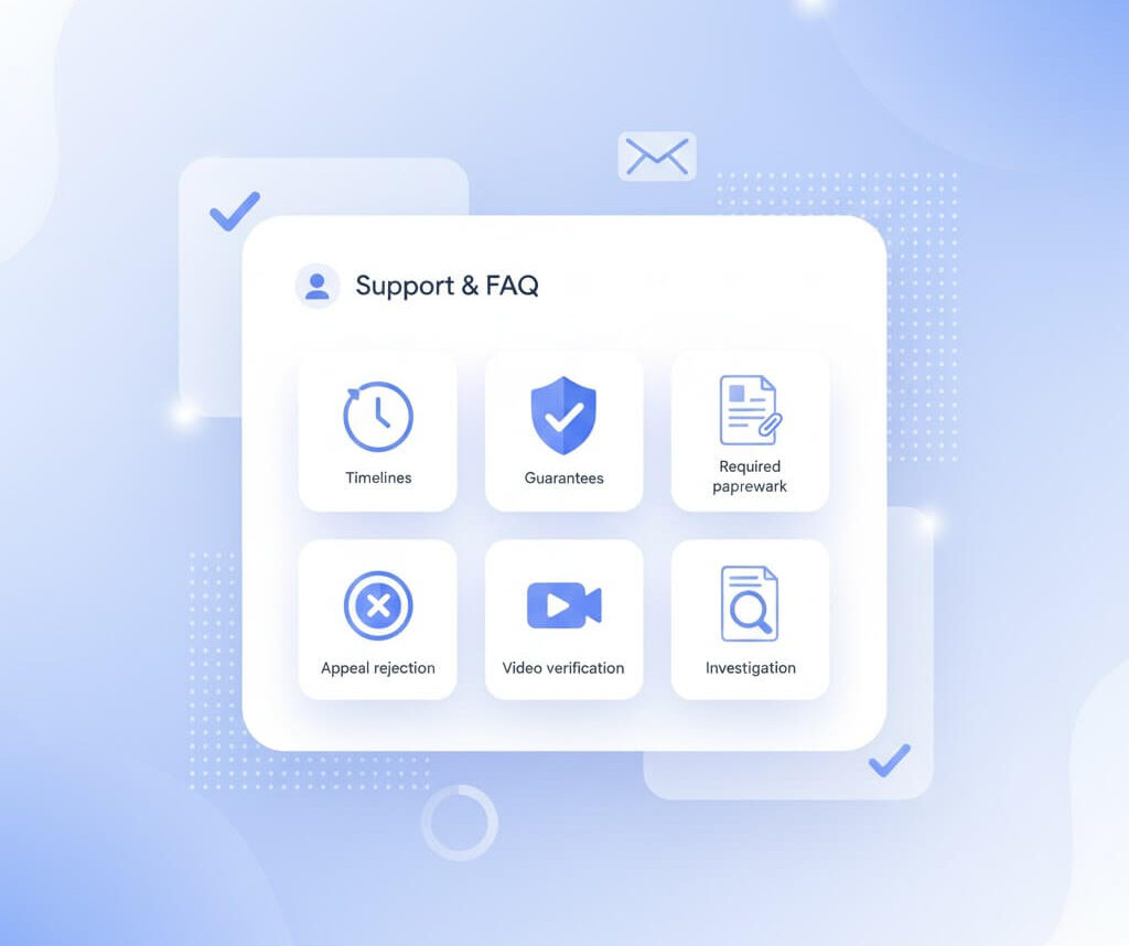 Support and FAQ panel showing Google Business Profile help topics such as verification timelines, service guarantees, required documents, appeal rejections, video verification, and profile investigations
