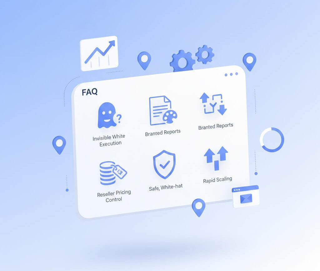 FAQ graphic outlining white-label Google Business Profile services for agencies, including invisible execution, branded reports, reseller pricing control, safe white-hat methods, and scalable local SEO growth