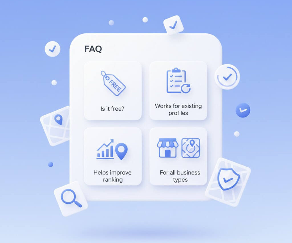 FAQ section graphic explaining Google Business Profile services, including free audit availability, support for existing listings, ranking improvement, and suitability for all business types