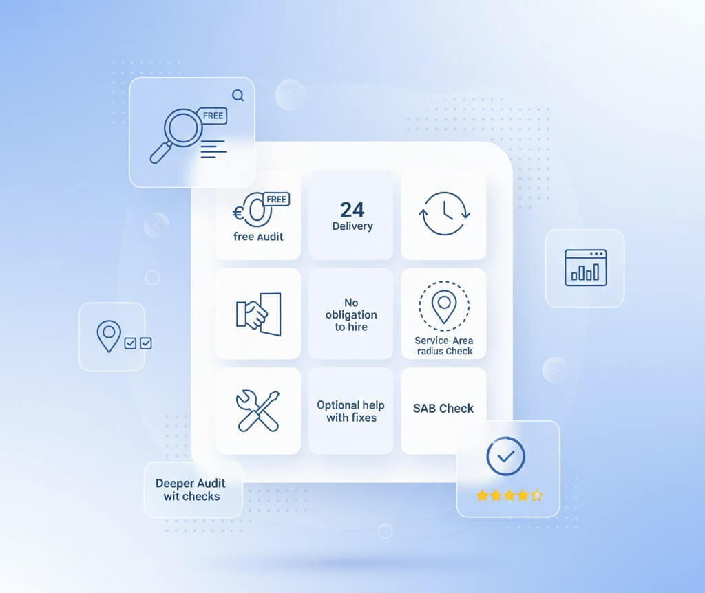 Free Google Business Profile audit overview showing checks for listing health, service area coverage, profile issues, and optional fixes with quick delivery and no obligation
