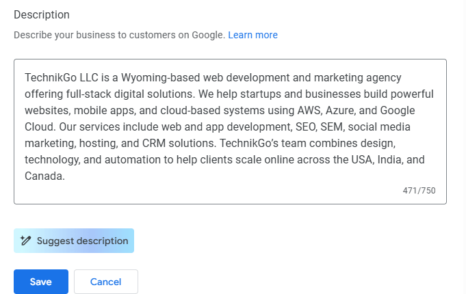 Google Business Profile description editor showing a detailed business overview for TechnikGo LLC, a Wyoming based web development and digital marketing agency offering websites, apps, cloud solutions, SEO, hosting, and automation services.