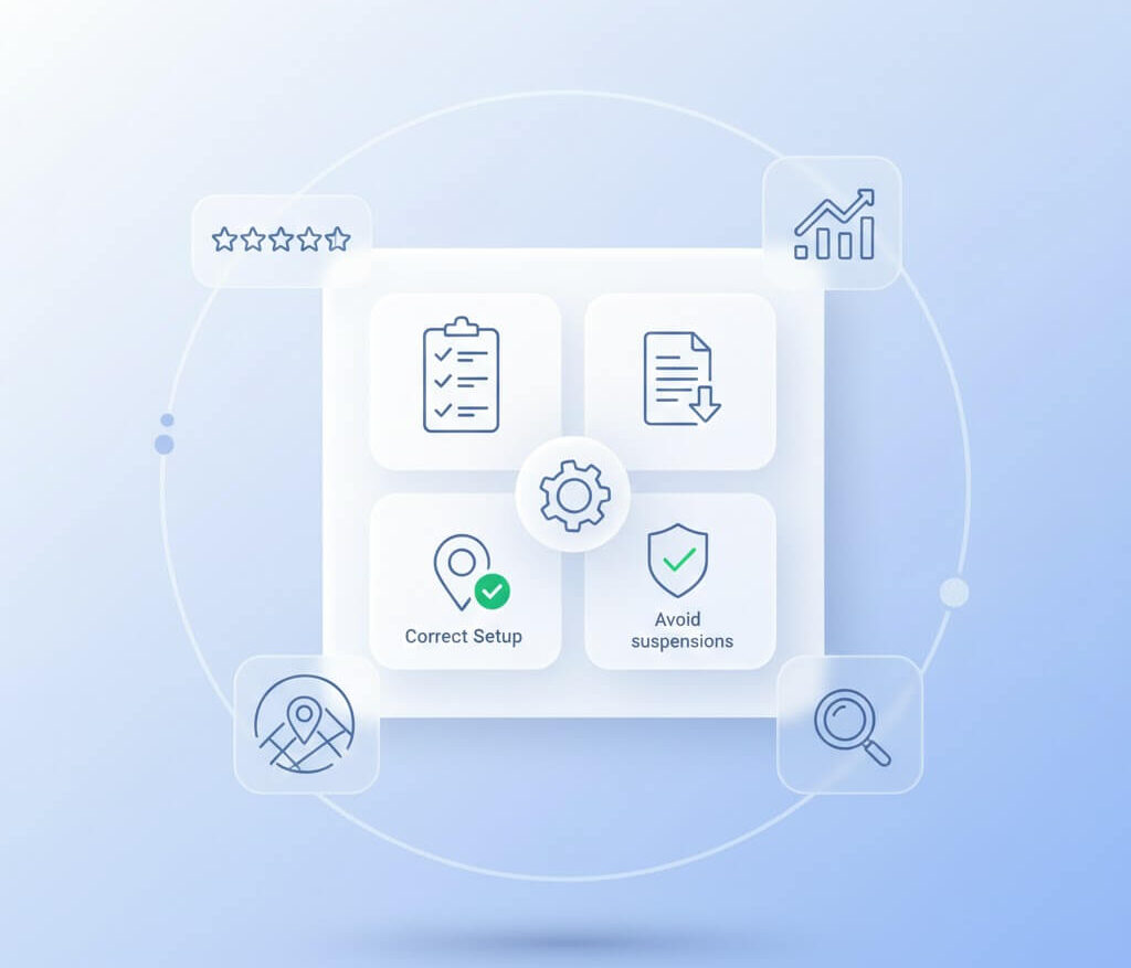 Illustration showing Google Business Profile setup and optimization steps, including correct listing setup, compliance checks, review signals, and actions to prevent profile suspensions
