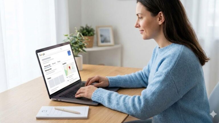 Woman managing Google Business Profile on laptop for local SEO and GMB optimization services
