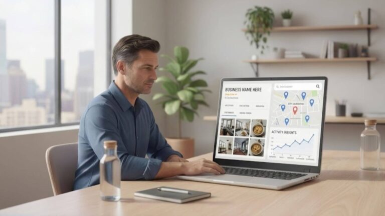 Local business owner reviewing Google Business Profile dashboard to improve visibility and customer calls_GMB Management USA