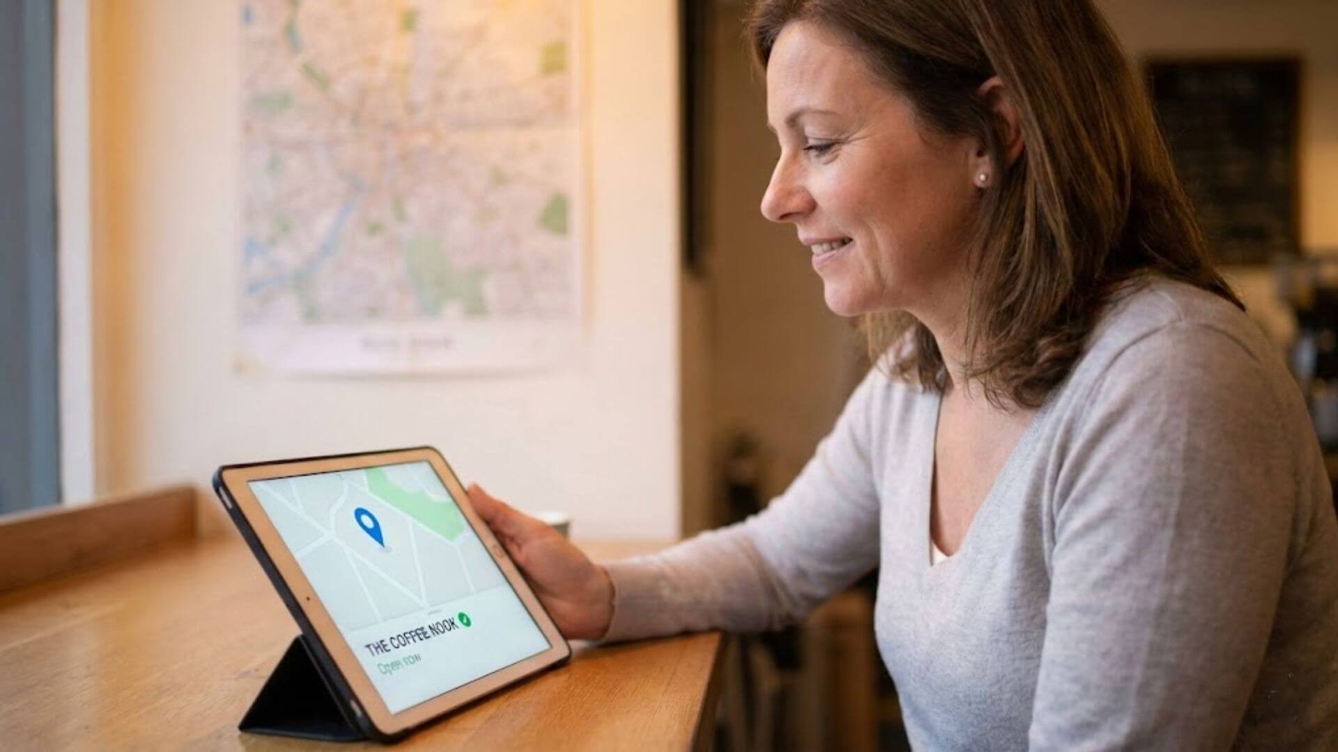 Local business owner feeling relieved while reviewing a Google Maps business listing visible on a laptop inside their workspace