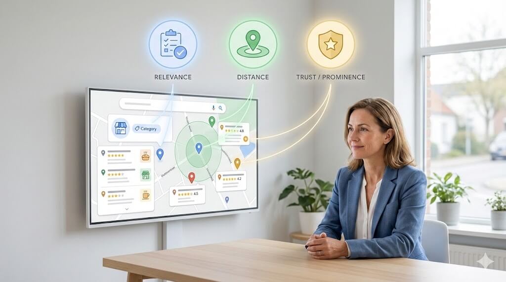 Local business owner reviewing a simplified Google Maps view showing nearby businesses, map pins, and trust signals on a screen