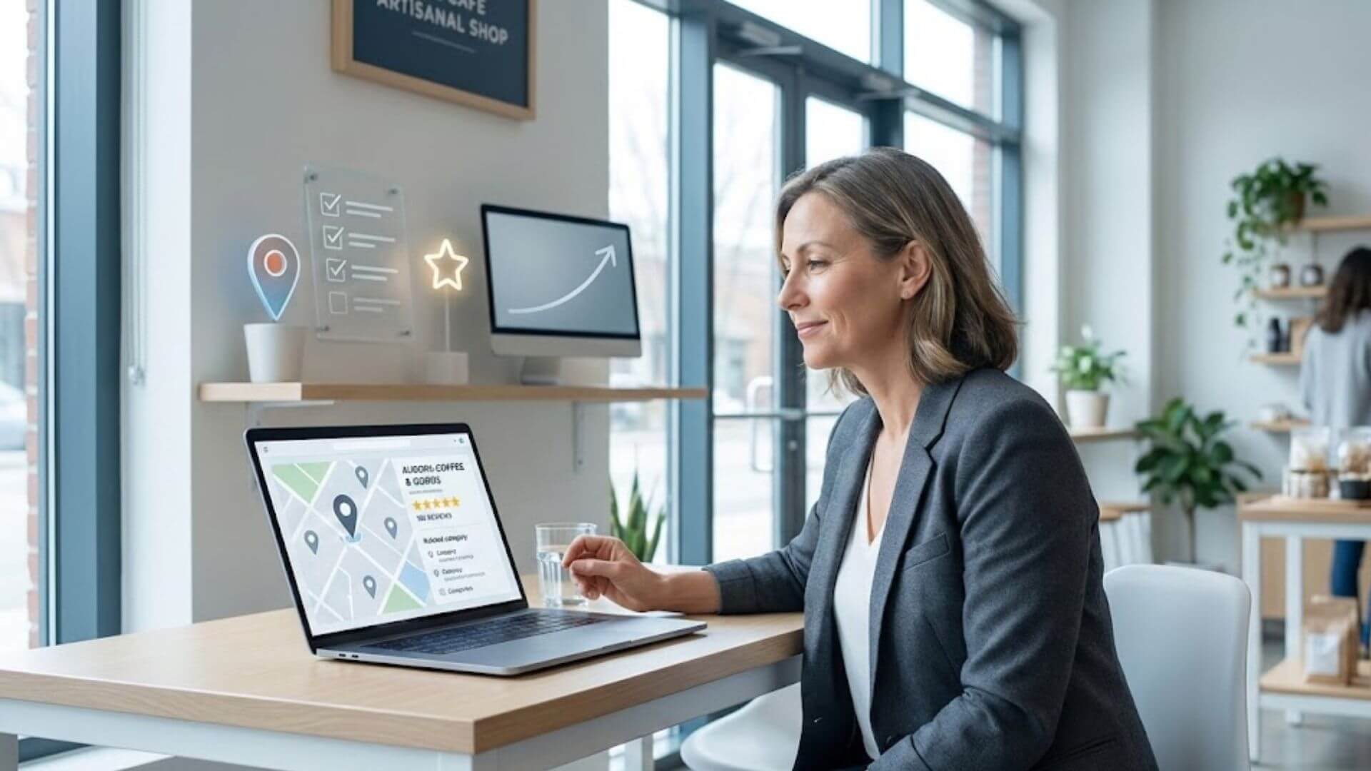 Local business owner reviewing a Google Maps business listing on a laptop with map pins, reviews, and location details