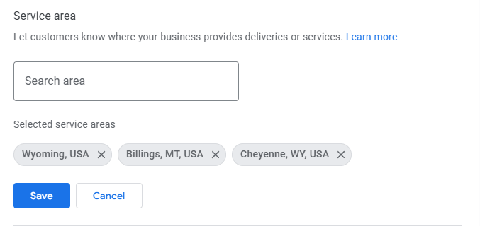Google Business Profile service area settings screen showing selected service areas as Wyoming USA, Billings Montana USA, and Cheyenne Wyoming USA, with a search area field and Save and Cancel buttons.