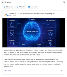 Google Business Profile update post by TechnikGo LLC showing a Meta Andromeda themed graphic with a glowing AI brain and industry icons for e commerce, SaaS, education, finance, salons, hospitality, and real estate. The post explains how Meta’s Andromeda AI update affects different industries and why ad strategies must align with audience intent and data signals for better performance in 2025.