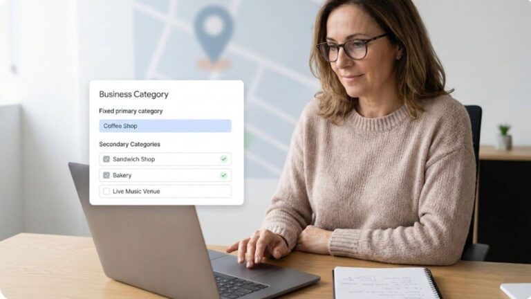 Business owner reviewing secondary categories on a Google Business Profile using a laptop in a local workspace