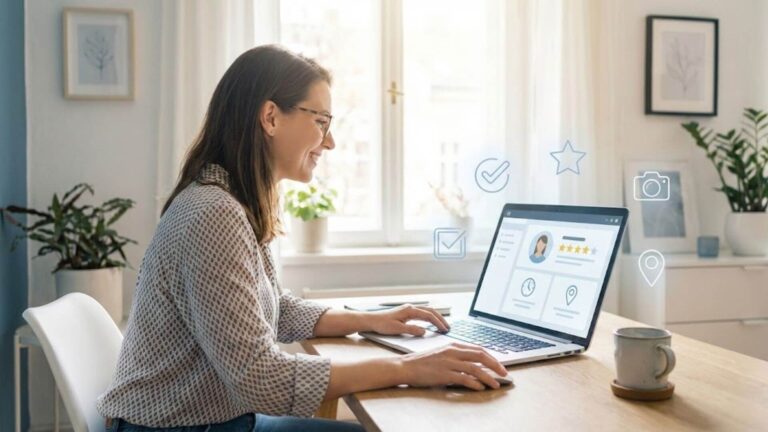 Business owner reviewing and updating a Google Business Profile on a laptop with a clear, organized workspace