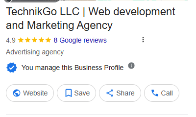 TechnikGo LLC Google Business Profile listing showing the business name “TechnikGo LLC Web development and Marketing Agency,” a 4.9 star rating with 8 Google reviews, category listed as Advertising agency, and action buttons for Website, Save, Share, and Call.
