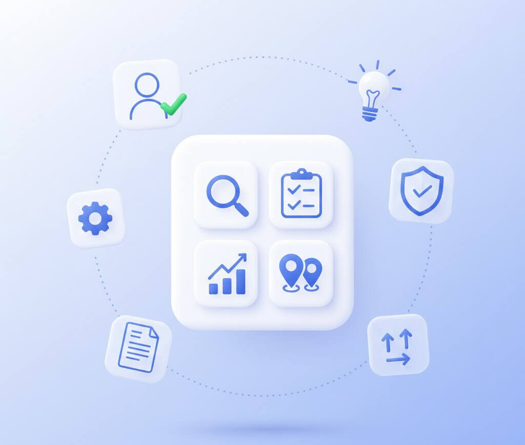 Illustration showing core Google Business Profile optimization elements, including search visibility, listing accuracy, ranking growth, map presence, and compliance signals for local businesses