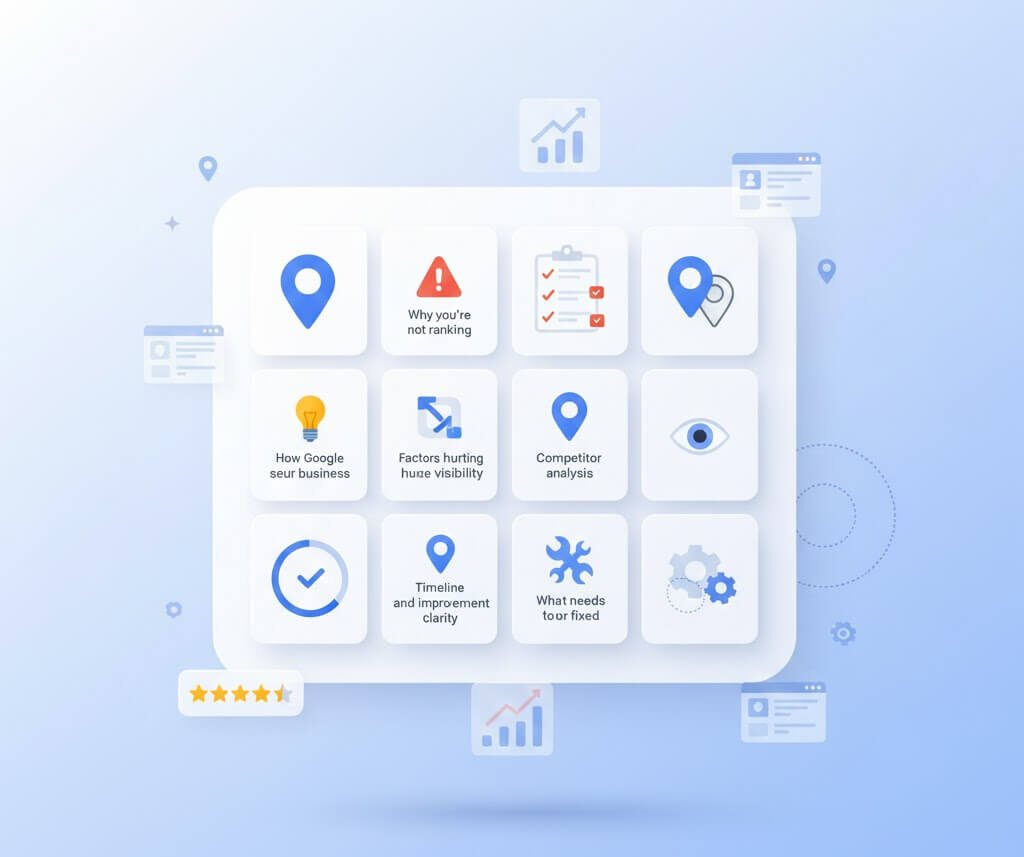 Google Business Profile audit checklist showing why a listing is not ranking, visibility issues, competitor analysis, and clear action steps to improve Google Maps performance