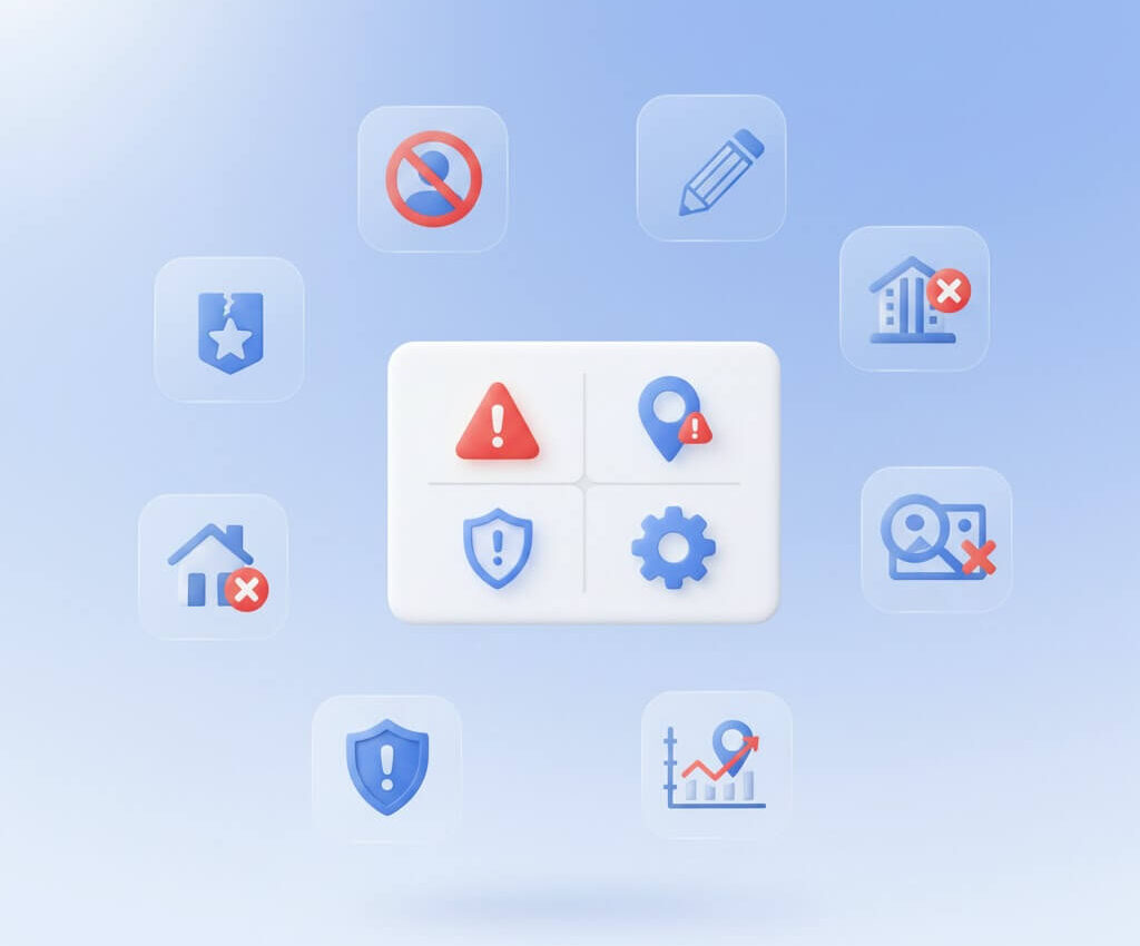 Illustration highlighting Google Business Profile risk factors such as listing violations, location errors, suspended profiles, and corrective actions to restore local visibility