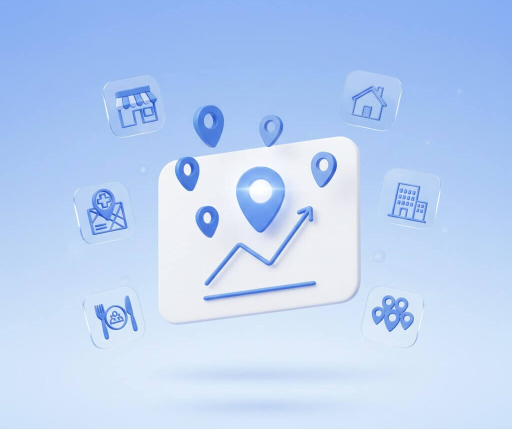 Illustration showing Google Maps ranking growth with multiple map pins, an upward trend line, and icons representing different local business types gaining visibility