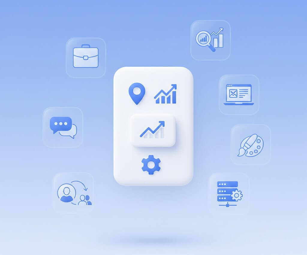 Illustration showing Google Business Profile management and local SEO growth, with map visibility, performance tracking, reporting, support, and backend optimization tools