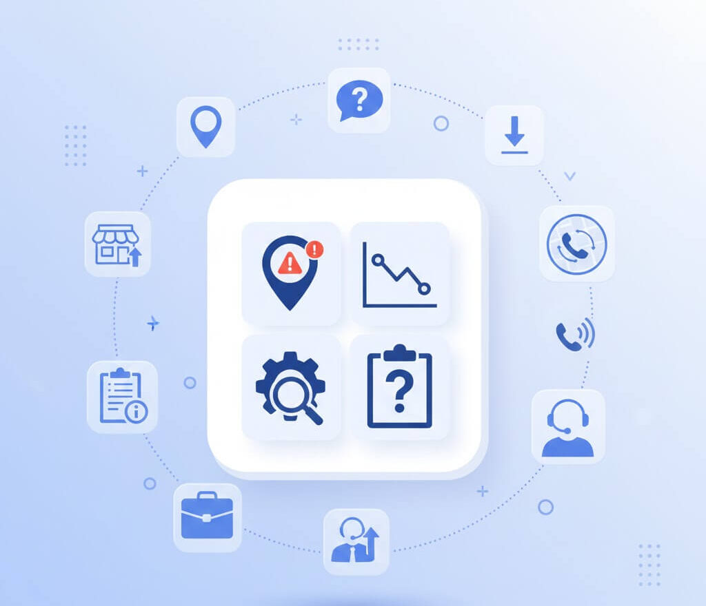 Illustration showing common Google Business Profile issues such as listing errors, ranking drops, verification problems, and support actions to fix local visibility and lead flow
