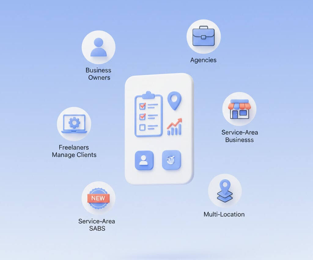 Graphic showing Google Business Profile services designed for business owners, agencies, service area businesses, multi-location companies, and freelancers managing client listings