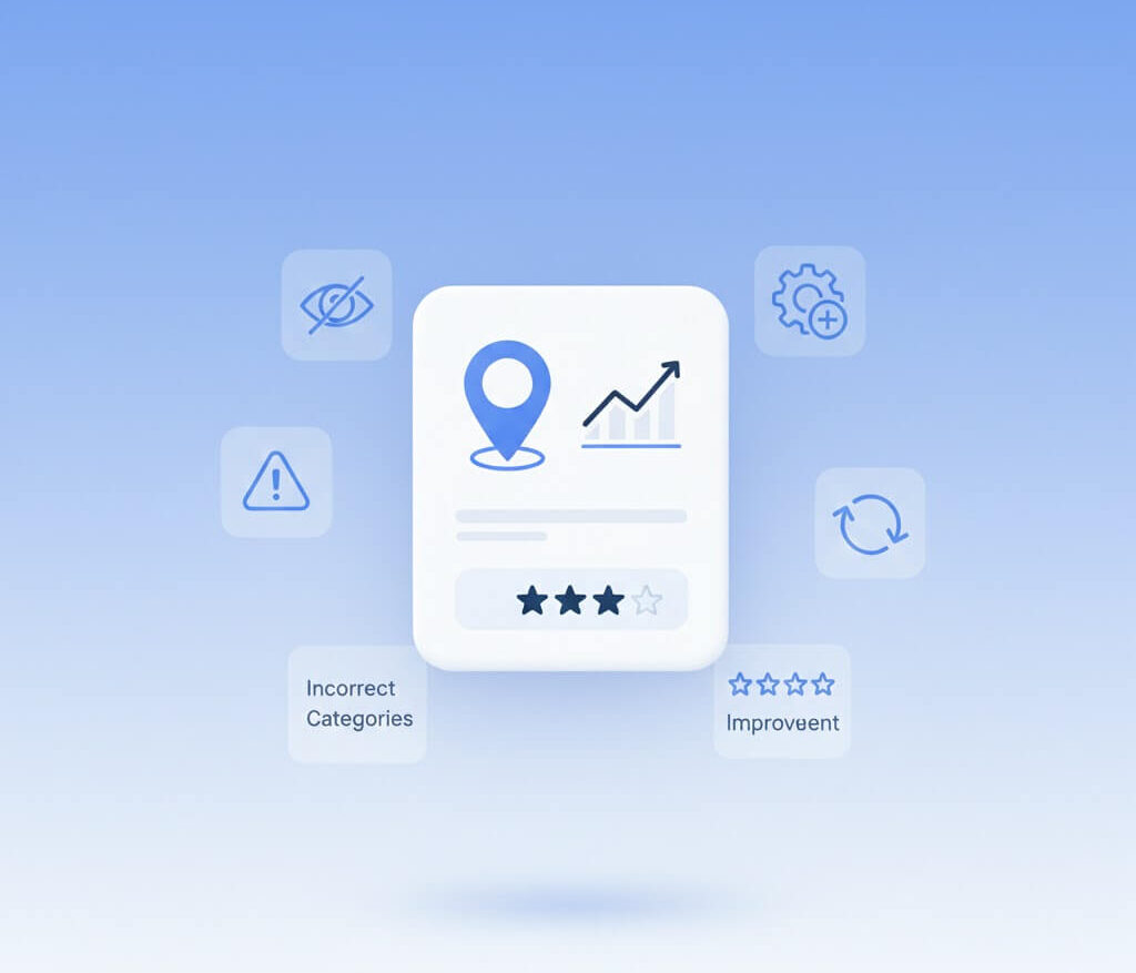 Local SEO optimization illustration showing a Google Business Profile card with location pin, rising performance graph, and star ratings, highlighting issues like incorrect business categories and the process of profile improvement to increase local search visibility.