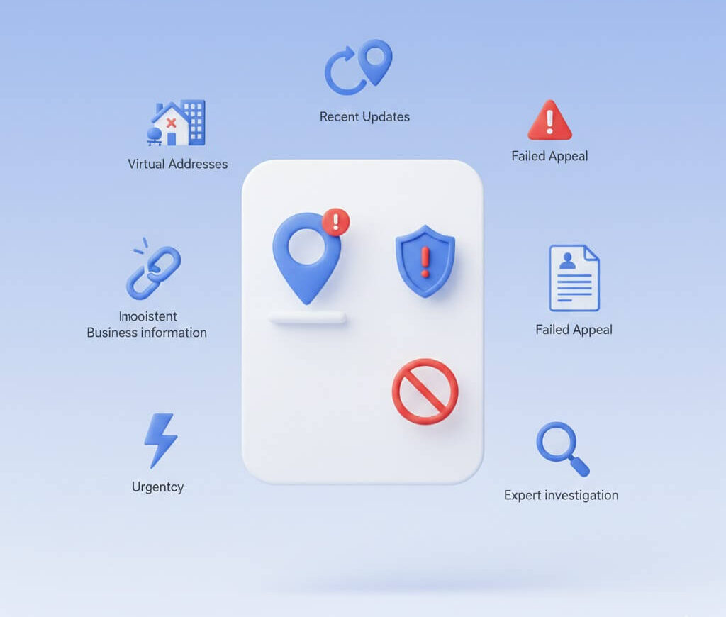 Illustration showing Google Business Profile suspension causes, including virtual addresses, recent risky updates, inconsistent business details, failed appeals, urgency alerts, and the need for expert investigation