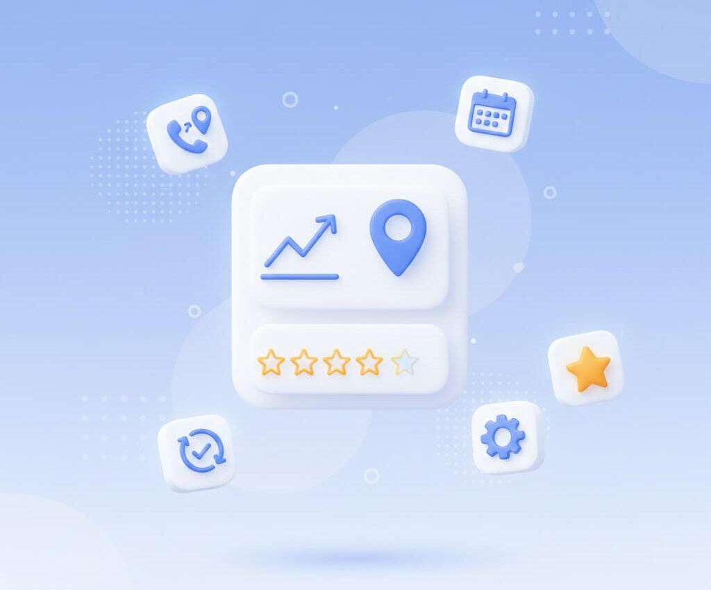 Illustration showing Google Business Profile performance with rising visibility, location ranking, customer star ratings, scheduled updates, call tracking, optimization settings, and ongoing profile management icons