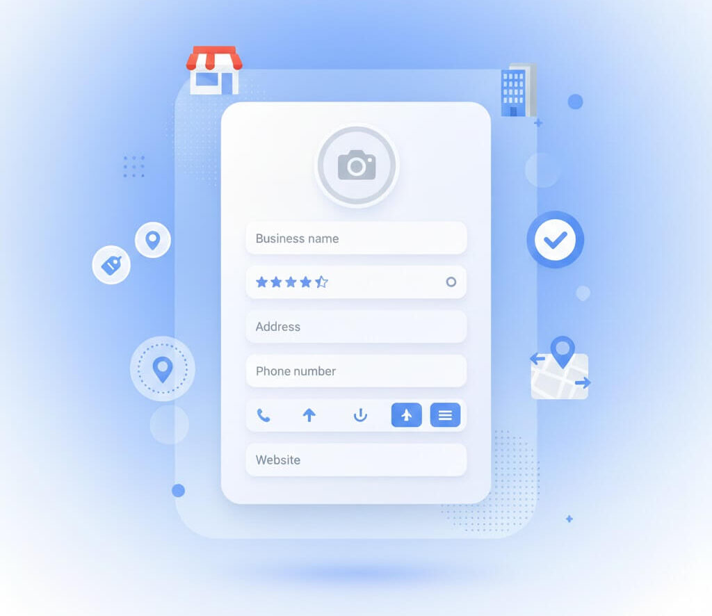 Google Business Profile setup illustration showing business name, address, phone number, website, star rating, location icons, and verification checkmark, representing complete and optimized local business listing for better local SEO and visibility.