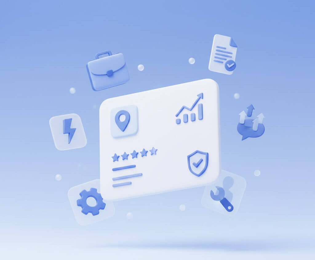 Illustration representing Google Business Profile optimization, showing map presence, review ratings, ranking growth, compliance checks, and ongoing local SEO management