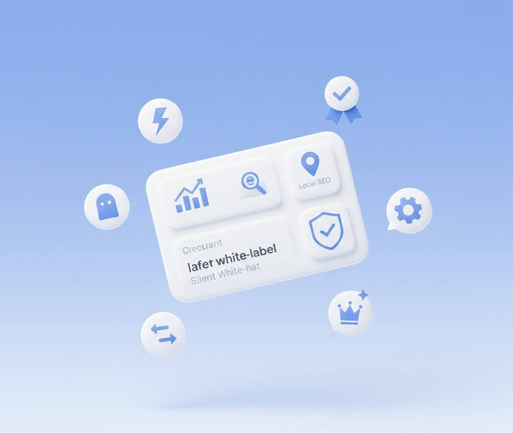 Graphic representing white-label Google Business Profile services for agencies, showing local SEO growth, silent white-hat optimization, secure management, and performance tracking icons