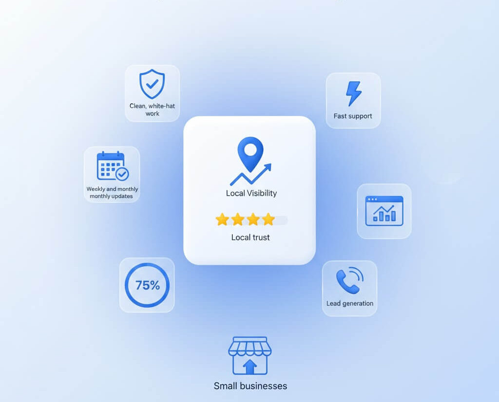 Graphic highlighting Google Business Profile benefits for small businesses, including local visibility growth, customer trust, clean white-hat work, regular updates, fast support, and lead generation