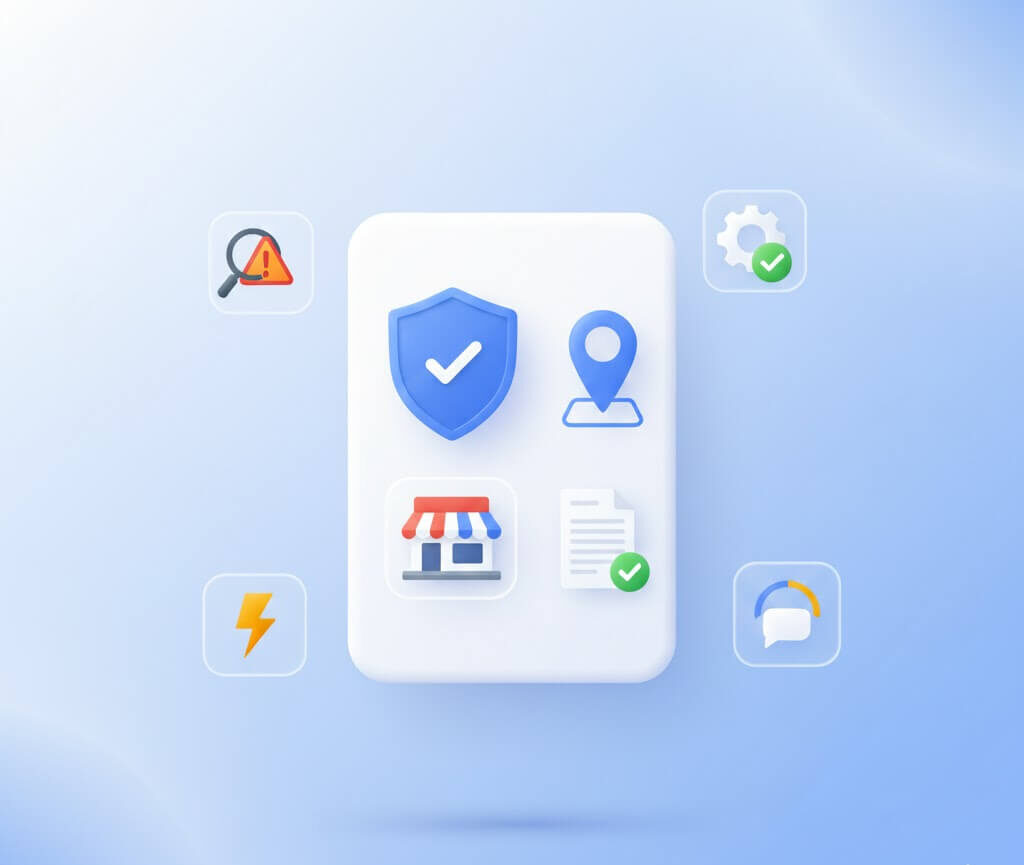 Illustration showing a verified Google Business Profile with compliance checks, secure listing setup, approved business location, completed documents, fast resolution, and expert support icons around the profile