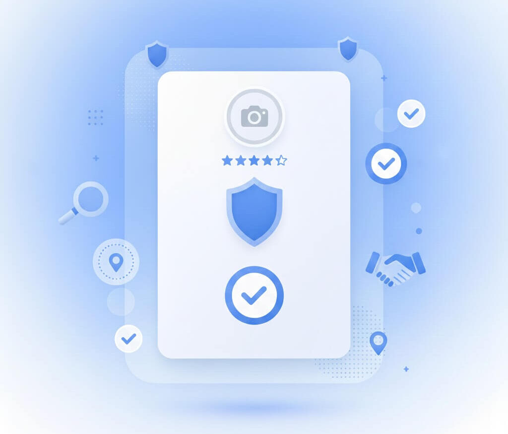 Illustration showing a trusted and verified Google Business Profile with star rating, security shield, approval checkmarks, and trust icons, representing a safe, reliable, and well managed local business listing.