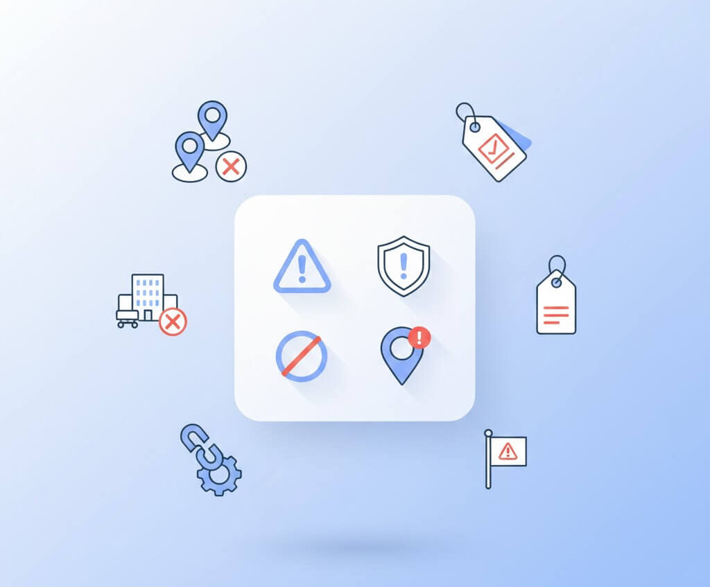 Illustration showing Google Business Profile problems like location conflicts, listing violations, missing tags, suspended locations, and warning indicators that affect local visibility